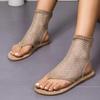 Women's Summer Foreign Trade Women's Flat Sandals Clip Mesh Press Drill Sexy Lace Flat Sandals