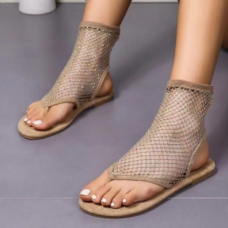 Women's Summer Foreign Trade Women's Flat Sandals Clip Mesh Press Drill Sexy Lace Flat Sandals