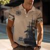 Men's Summer Sailing Pattern Short Sleeve Top With Collar Pocket Half Sleeve T-shirt