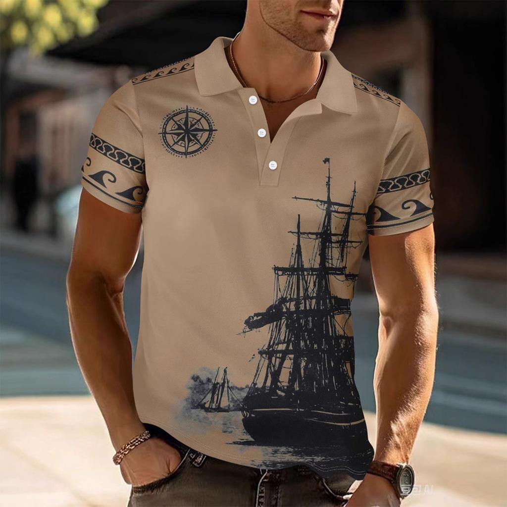 Men's Summer Sailing Pattern Short Sleeve Top With Collar Pocket Half Sleeve T-shirt