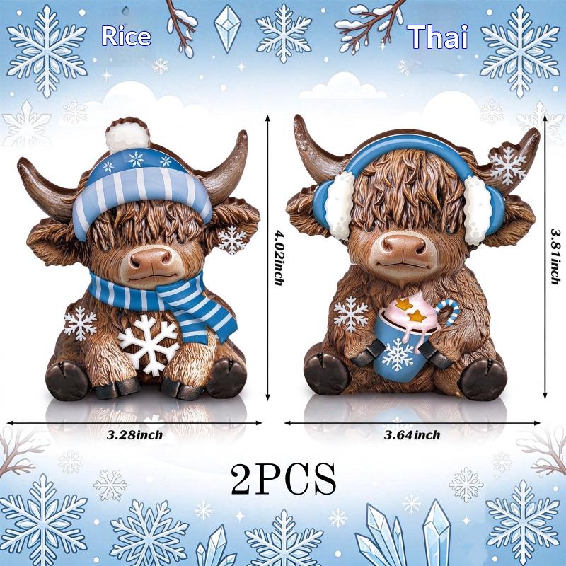 2Pcs 2D Flat Wooden Newspaper-Reading Cows Highland Cow Decorative Ornaments For Home Bedrooms Entryways Bookshelf Display