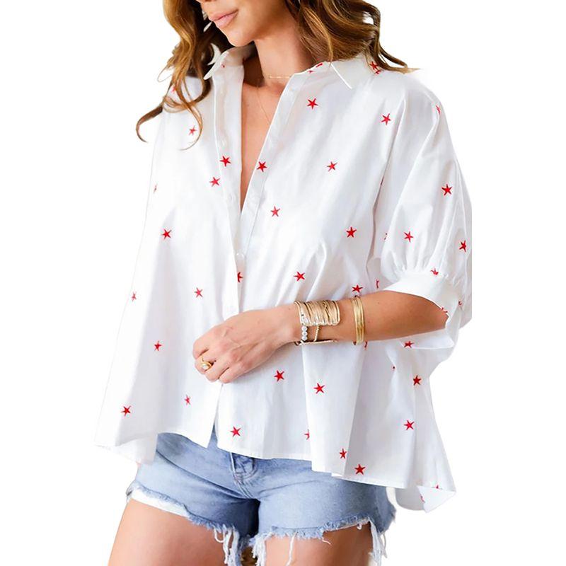 

American Shiying XINGX Print Lapel Shirts Women 2025 Summer New Loose Single-Breasted Half-Sleeve Shirt White XL code fits (70.00 kg-75.00 kg