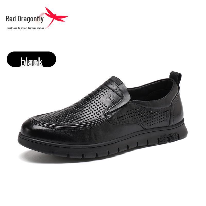 Red Dragonfly Men s Breathable Leather Slip-On Shoes - Summer Casual Hollow-out Design 38