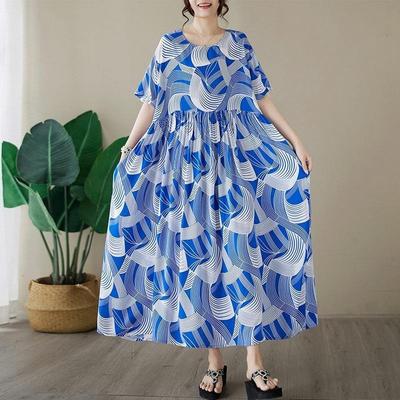 Manga curta plus size algodão vintage floral novo em vestidos para mulheres casual solto longo vestido de verão