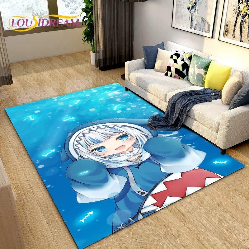 Cute Anime Gawr Gura Hololive Shark Area Rug,Carpet Rug for Living Room Bedroom Sofa Doormat Decoration, Kids Non-slip Floor Mat
