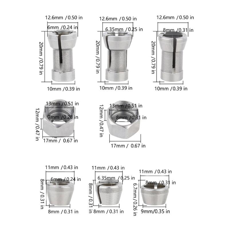 Kohlenstoffstahl-Fräser Spannzangenmuttern-Satz in mehreren Größen, einschließlich 6mm 6,35mm 8mm, für professionelle Holzbearbeitungsarbeiten