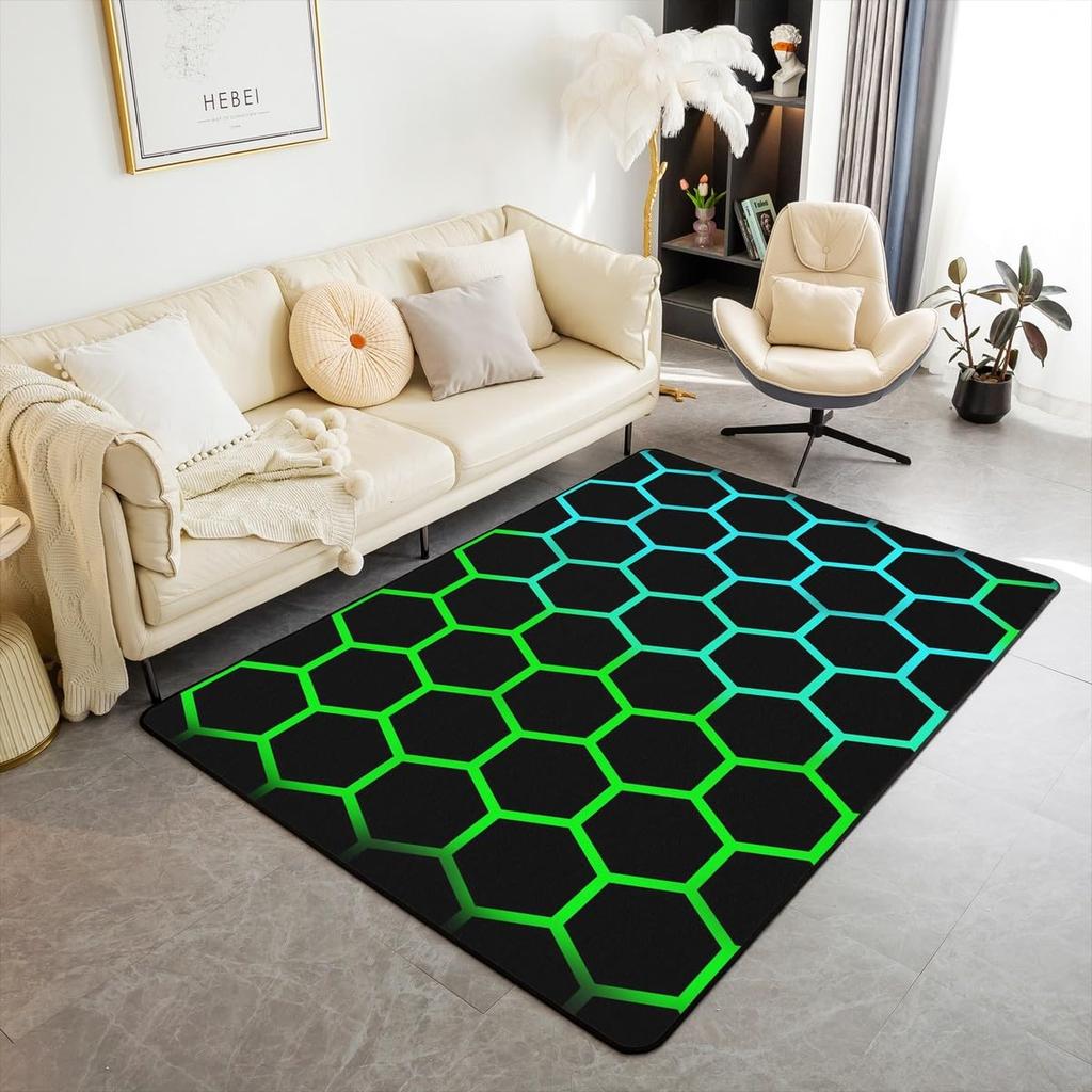 Tech Glow Hexagon Themed Rug,Anti-Slip Mat with Blue Green Neon Honeycomb for Living Room Game Room,Futuristic Decorative Carpet