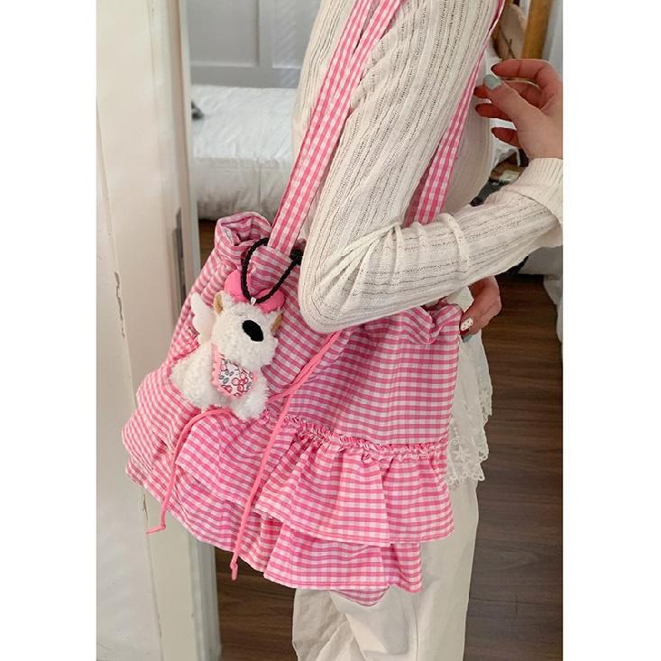 

Милая клетчатая холщовая сумка в стиле колледжа для женщин 2025 Новая модная корейская сумка-тоут большой вместимости с кружевом Pink（No Pendant）