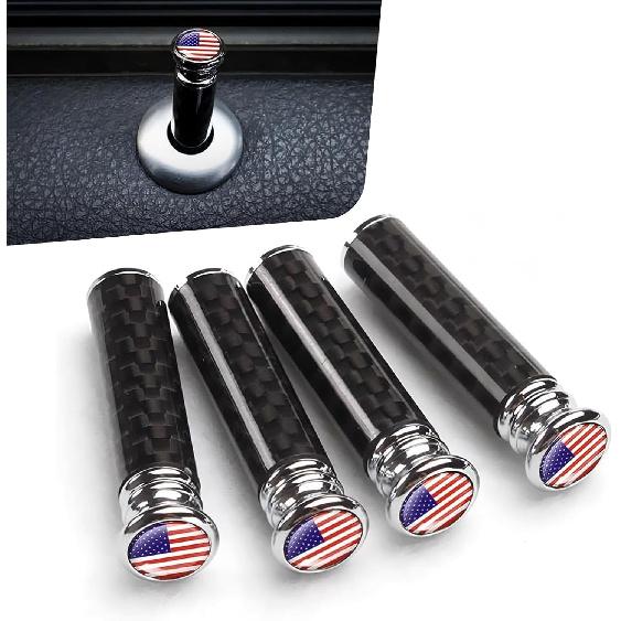4PCS Car Door Lock Knobs, American Flag Lift Bolt Auto Inner Door Pull Pins, Carbon Fiber Decorative Door Lock Pull Pin Cap, Universal Car Interior