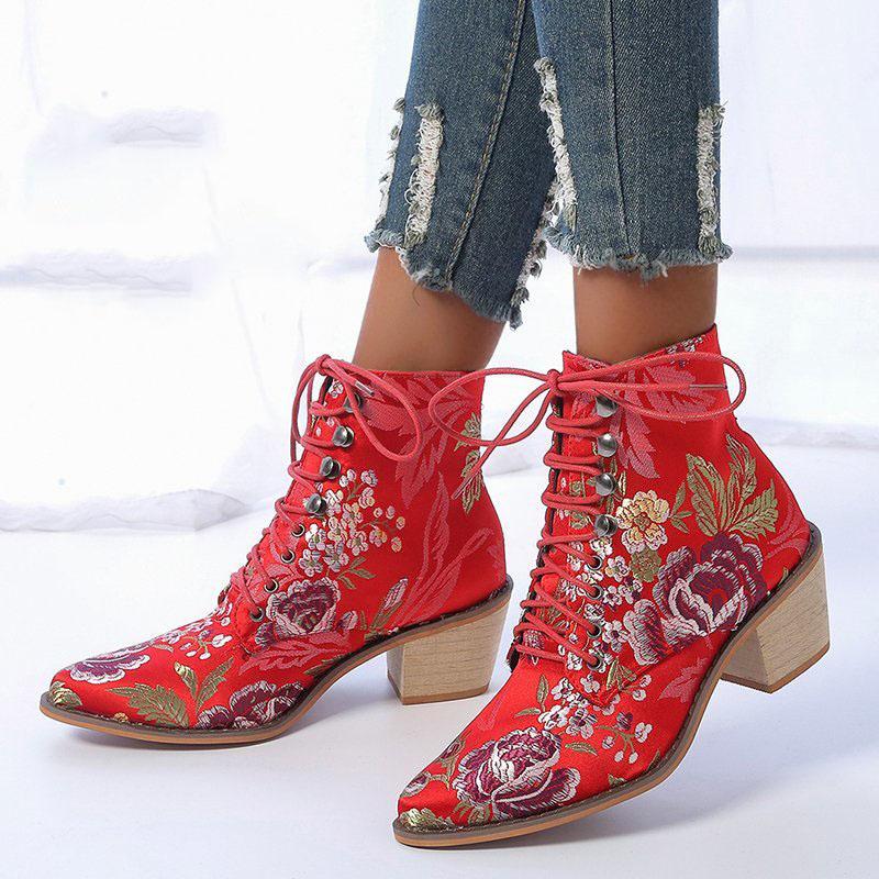 Fashion Thick Heel Lace-up Women's Botas Mujer Embroidered Size 35-43 Fashion Retro Short Boot Botas Femininas Botines Para Mujeres