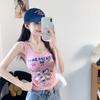 #Summer new sweet wind cartoon print splicing round neck vest female slim fixed with chest pad top