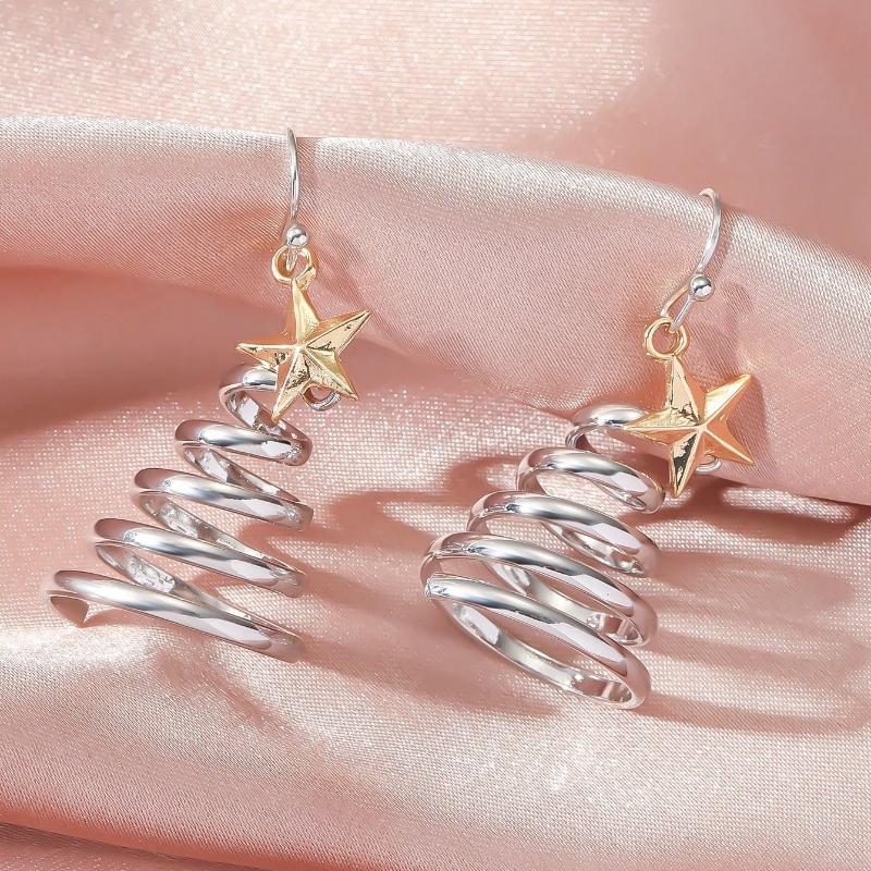 Moonfan 1 Pair Christmas Creative Multi-Layer Spring Five-Pointed Star Earrings, Fashionable Christmas Tree Stud Earrings