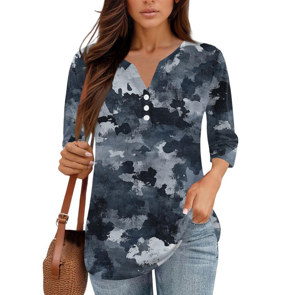 Damen V-Ausschnitt Freizeit Dreiviertelarm Knopf-Detail Top mit Blumenmuster