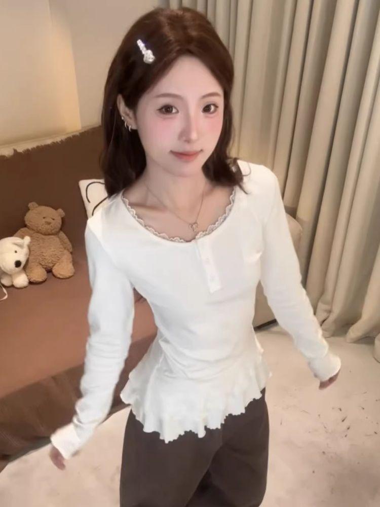 260g Cotton Modal Korean Lace Trim Slimming Round Neck Outerwear Top
