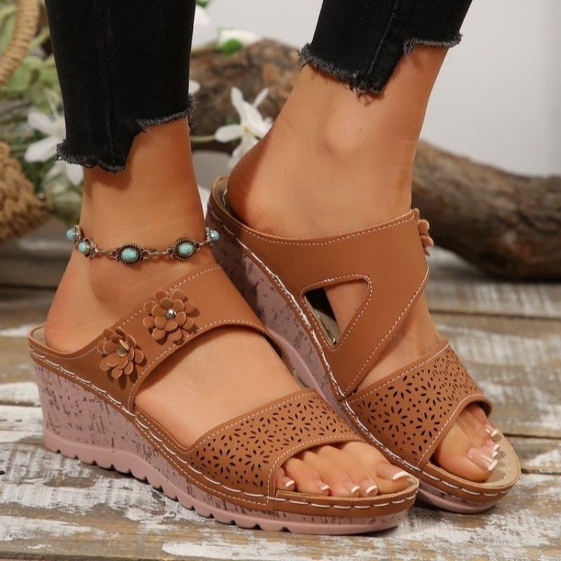 Flower-shaped Wedge Heels One-line Slippers Women's Hollowed-out Fish-mouth Thick-soled Shoes with Stitching Beach Flip-flops