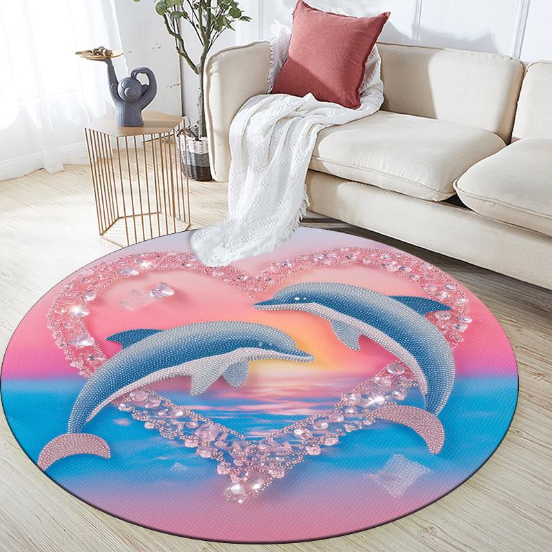 Cartoon Colorful Dolphin Pattern Round rug,Carpet Rug for Living Room Bedroom  Playroom ,Non-slip Floor Mat,Holiday Gifts and Birthday Gifts.