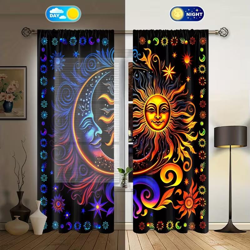 2 Pcs Sun and Moon Print Curtains  Suitable for Bedroom  Living Room Kitchen Decoration  Home Decoration  Window Decoration