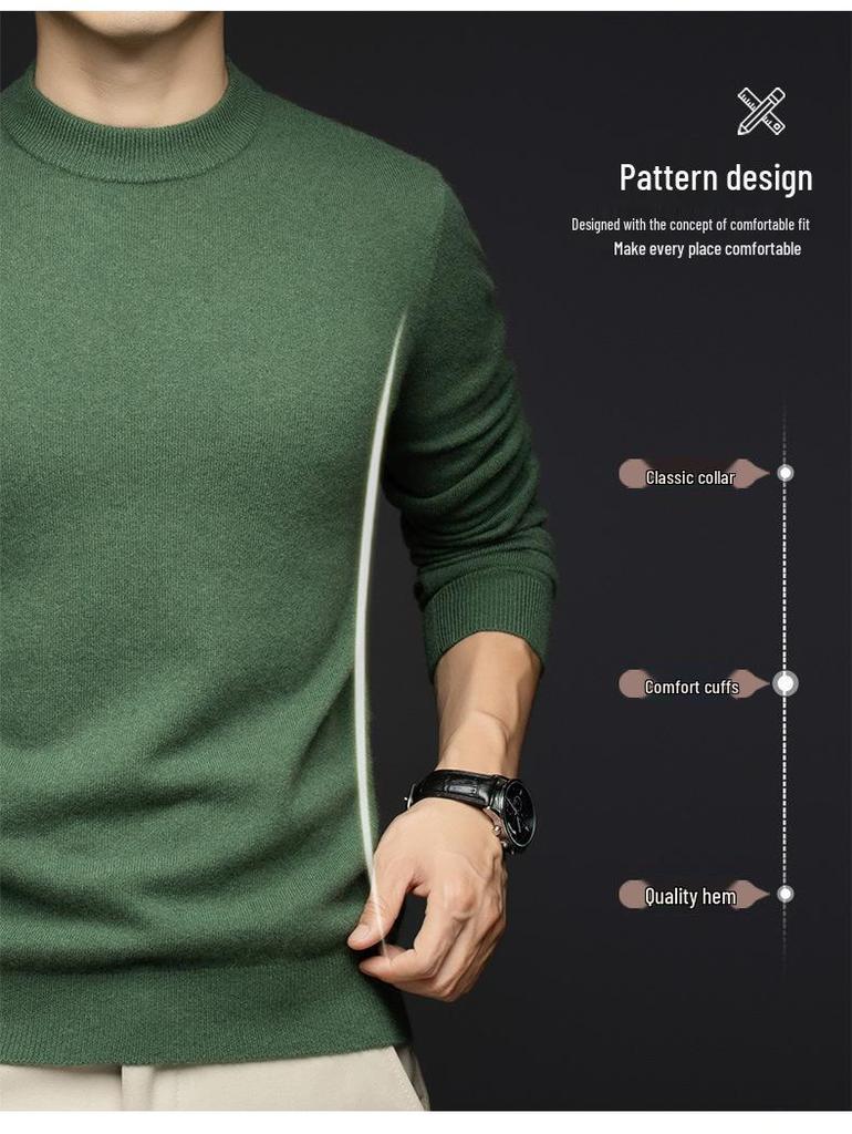 Winter 2025 Men's Cashmere Round Neck Sweater - Fashionable, Warm, Solid Color Base Layer