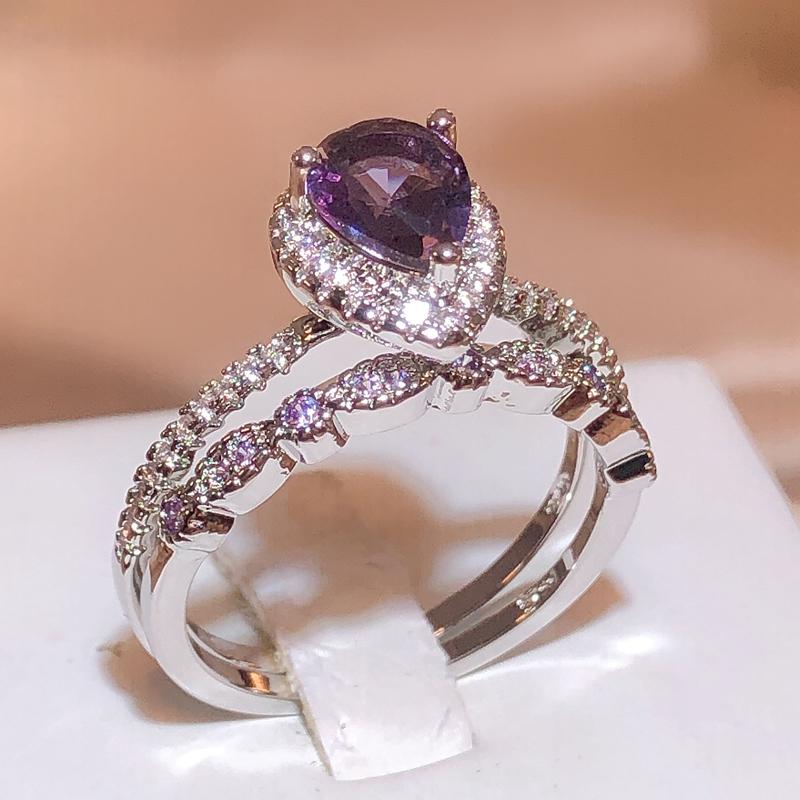 

925 Stamp Jewelry Couple Purple Water Drop Zirconia Ring Female New Fashion Wedding Party Birthday Jewelry Gift 6 белый