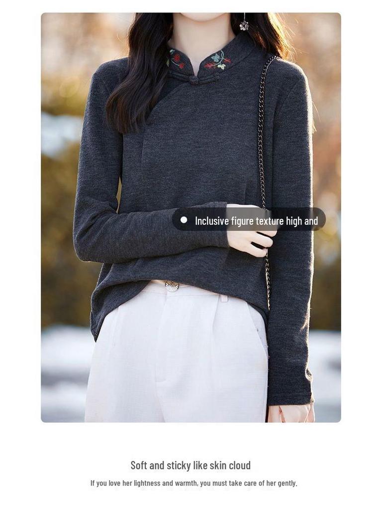 Women's Plus Size Embroidered Stand Collar Long Sleeve Warm Shirt for Autumn/Winter
