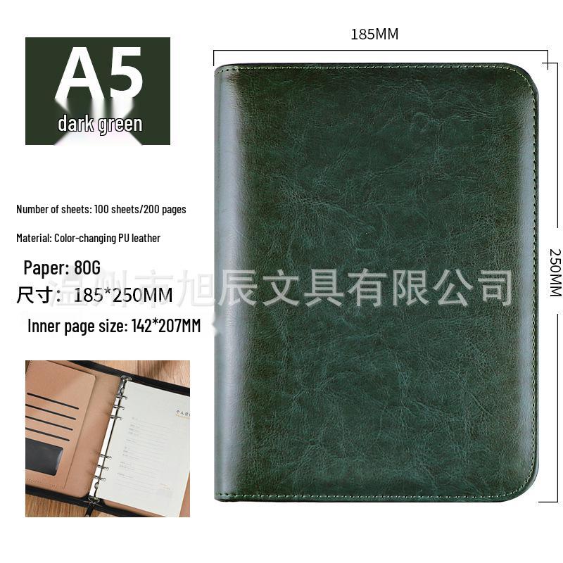 A5 Multi-Functional Leather Zipper Notebook with Large Capacity and Loose-Leaf Pocket Inserts, B5 Size