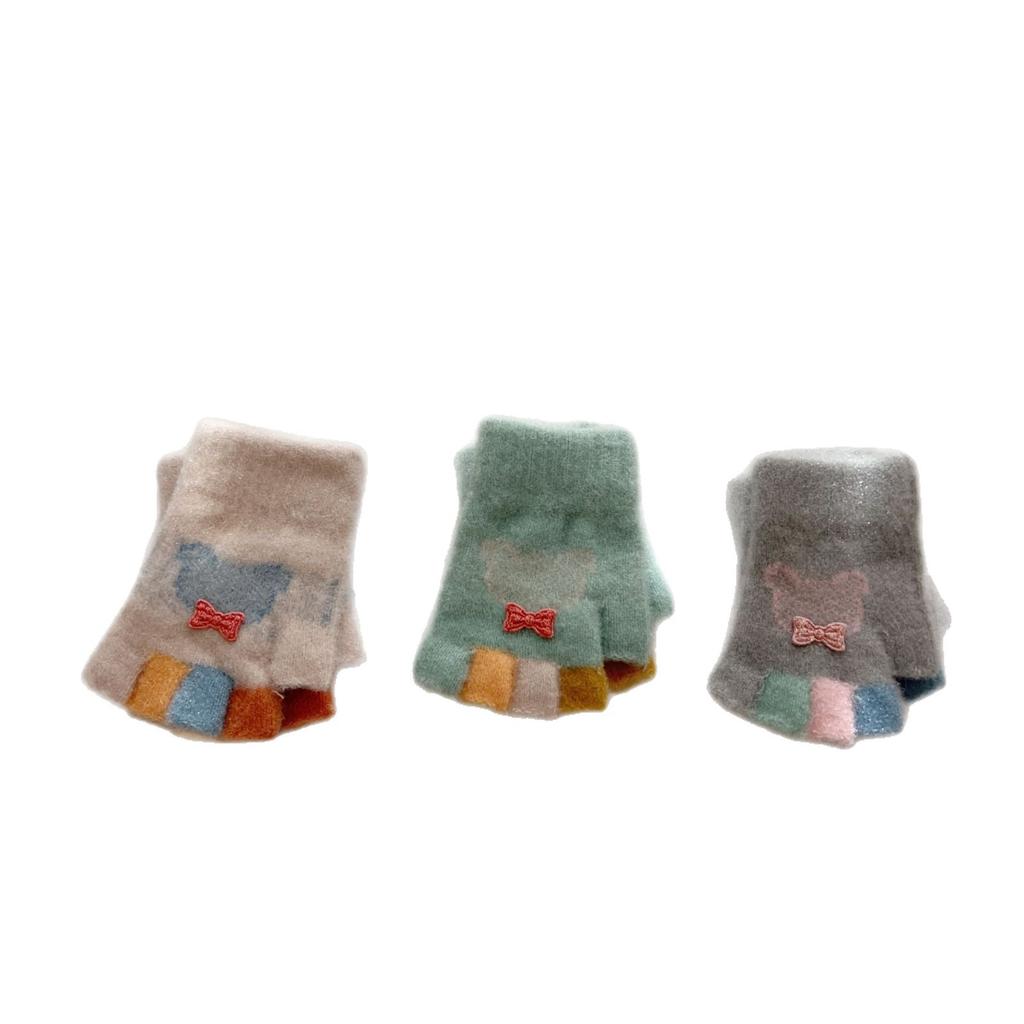 Baby Sticky Bow Mickey Half Finger Autumn and Winter Cute Baby Gloves Warm Knitted Gloves
