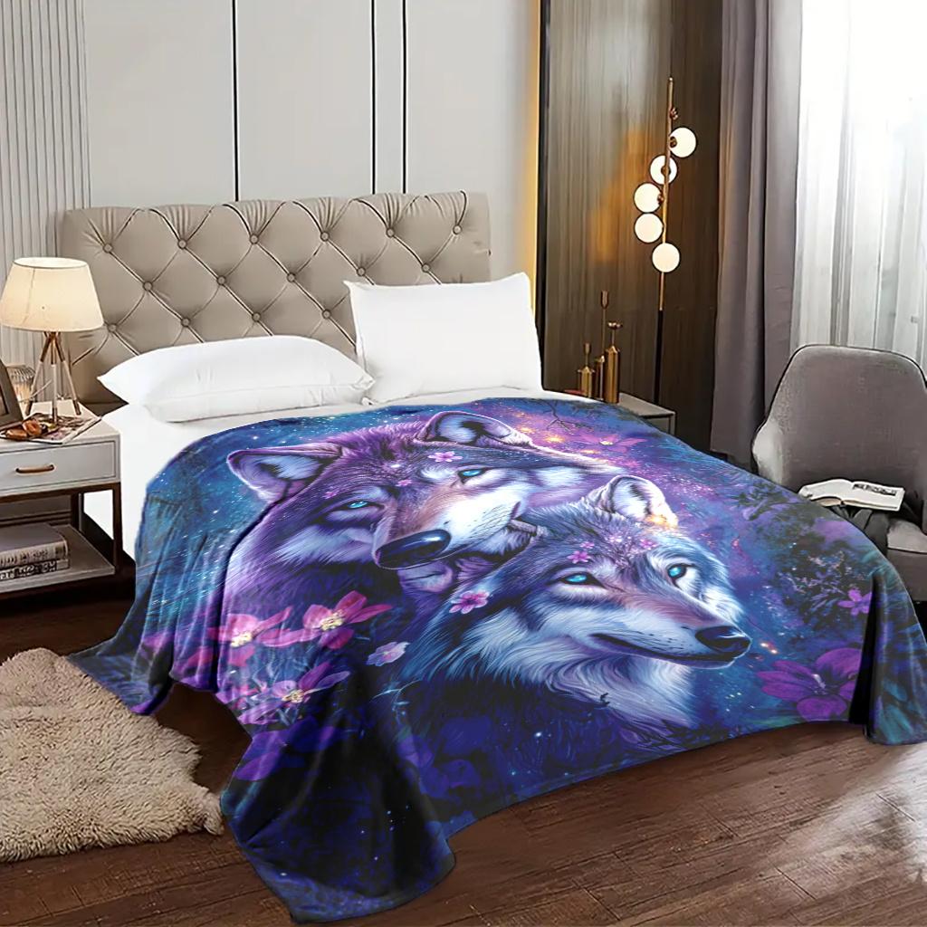 Two Wolves and Floral Patterns Flannel Printed Blanket Suitable for All Seasons Suitable for Living Room Office Sofa and Travel