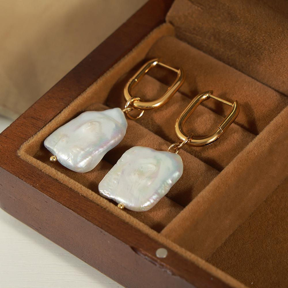 Gold-Plated Titanium Steel Irregular Freshwater Pearl Earrings - Retro Light Luxury Style for Women