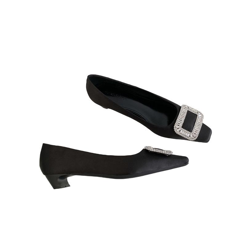 Spring new light mouth single shoes black boat shoes square buckle rhinestone thick heel square head ladyshoes low heel high heels