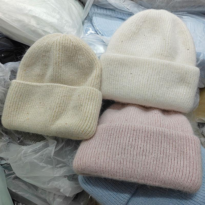 Winter Hats For Women Rabbit Fur Shiny Knitted Beanie Baggy Caps Korean Style Sweet Simple Bonnet Solid Color New