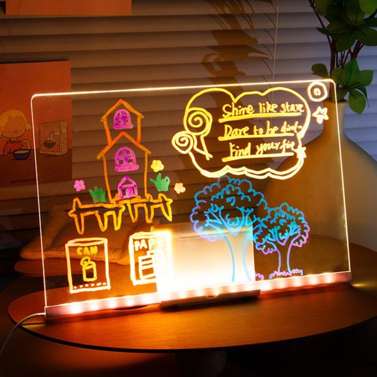 LED Acrylic Dry-Erase Board with 7 Pens Stand Reusable Kids Adults Students Glowing Light-up Clear Acrylic Memo Note Message Writing Board for Office