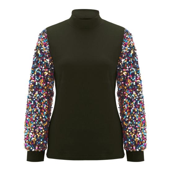 Women Autumn Winter Mock Neck Sequins Patchwork Long Puff Sleeve Blouse Shirt Top