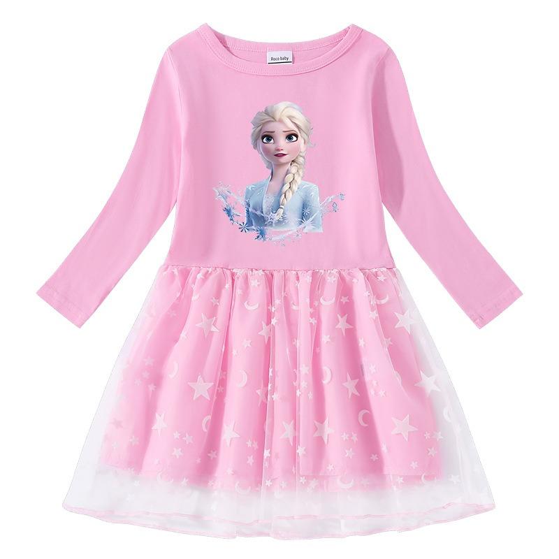 Spring and Autumn New Girls' Dress Cotton Printing Cartoon Star Moon Mesh Long Sleeve Princess Dress