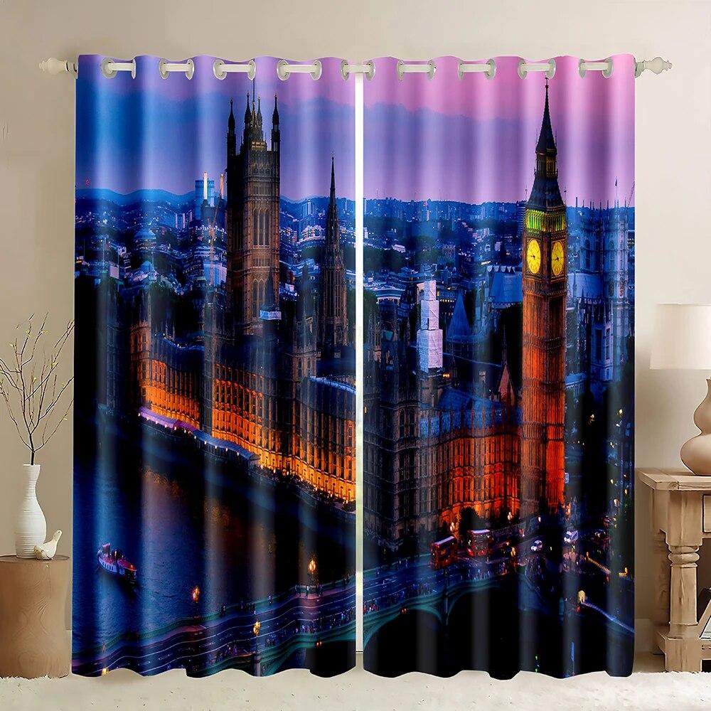 2ks London Building Window Curtains Tower s motivem Anglie Retro Londýn Silné zatemňovací okenní závěsy Cestovní scenérie Slavné město