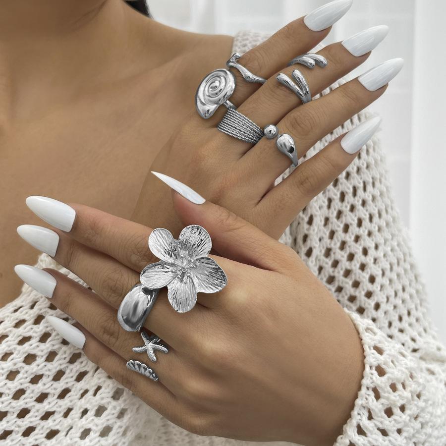 Accessories, Holiday Starfish Scallop Open Ring, Alloy Flower Ring Set Glossy