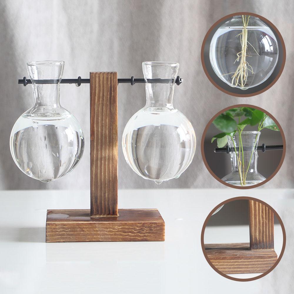 Hydroponic Vase with Wooden Stand Retro Glass Bulb Plant Propagation Station for Home Decoration 2 Containers
