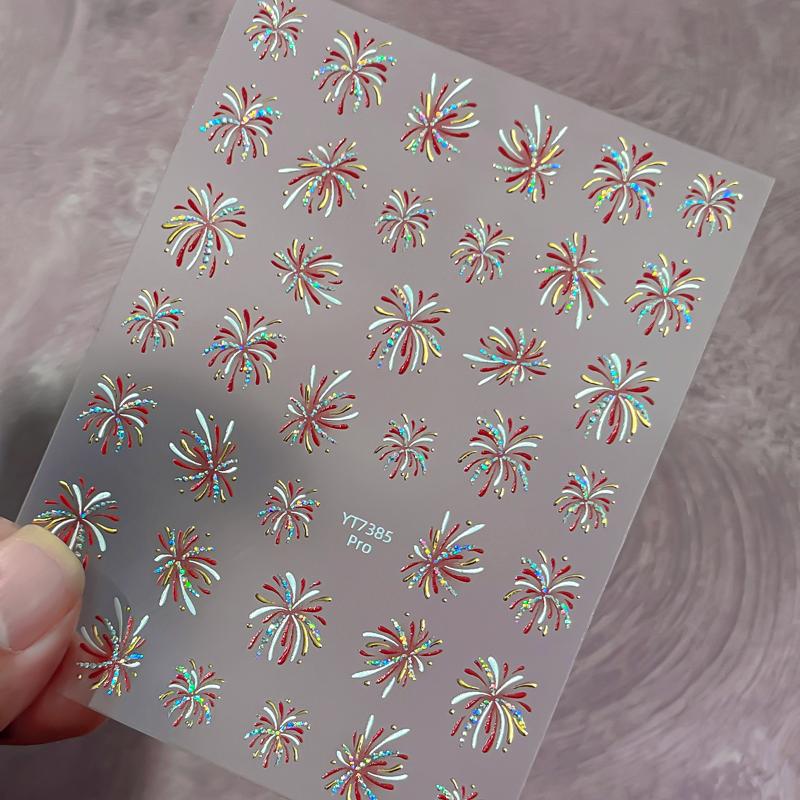 Fireworks Nail Stickers Rainbow Laser Silver Pink Blooming Firework New Year Celebration Nail Art Decals Decoration