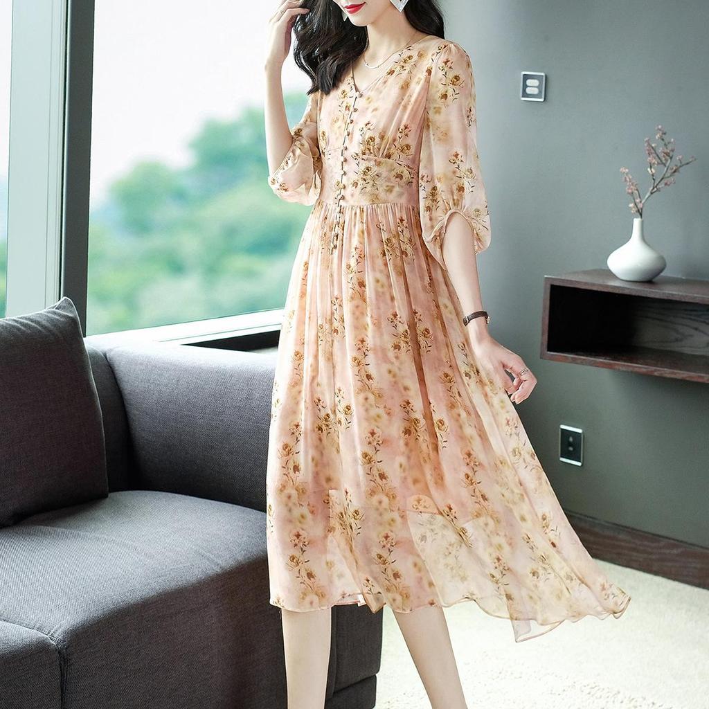 Fairy Pink Floral Short-Sleeve Mulberry Silk Dress - Seaside Holiday Long Skirt