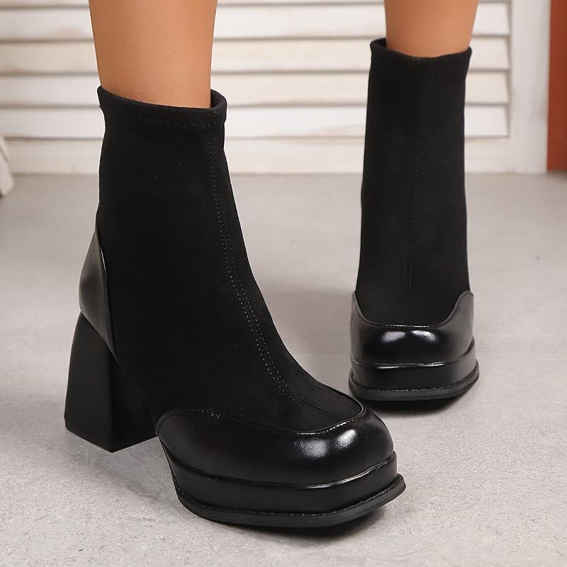 Fashion High Heels Women's Block Heel Booties 2025 New Autumn and Winter Plus Fleece Platform Stretch Skinny Boots Black