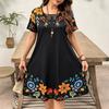 Europe, America, large size plant flower print, fashionable and elegant round neck short-sleeved dress, women's large size thin dress