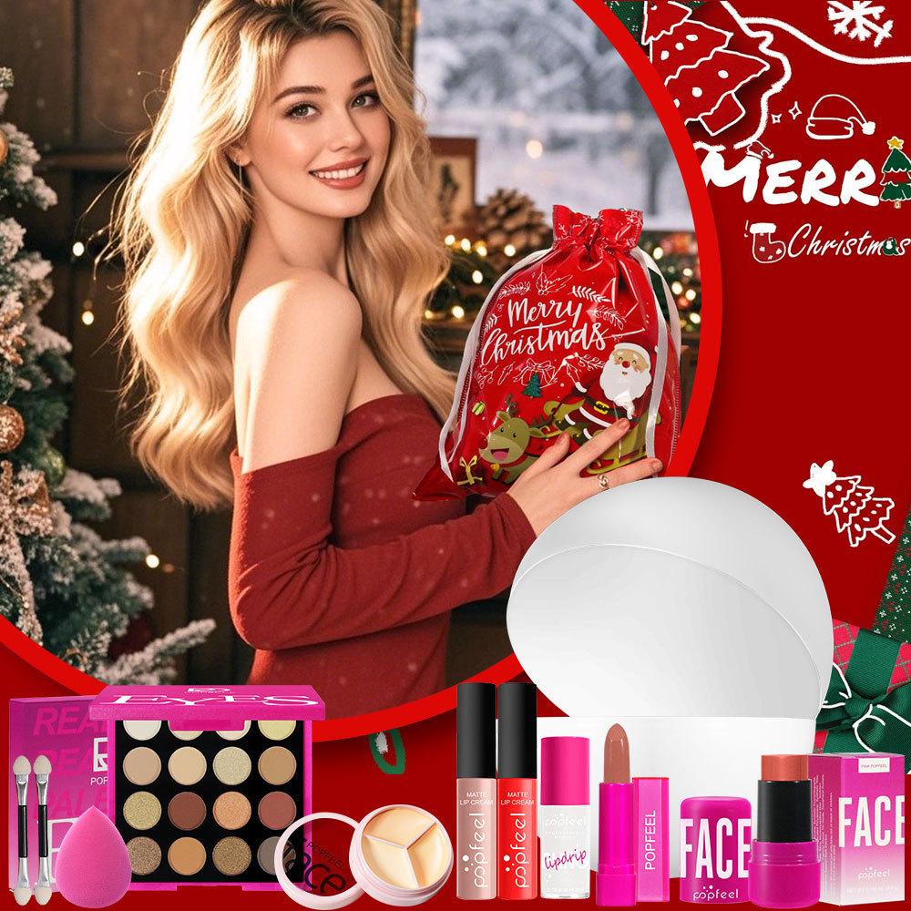 Popfeel Christmas Makeup Set Full Kit with Red Holiday Gift Bag Professional Cosmetics Eyeshadow Palette Lipstick Lip Gloss Concealer Gift for Women