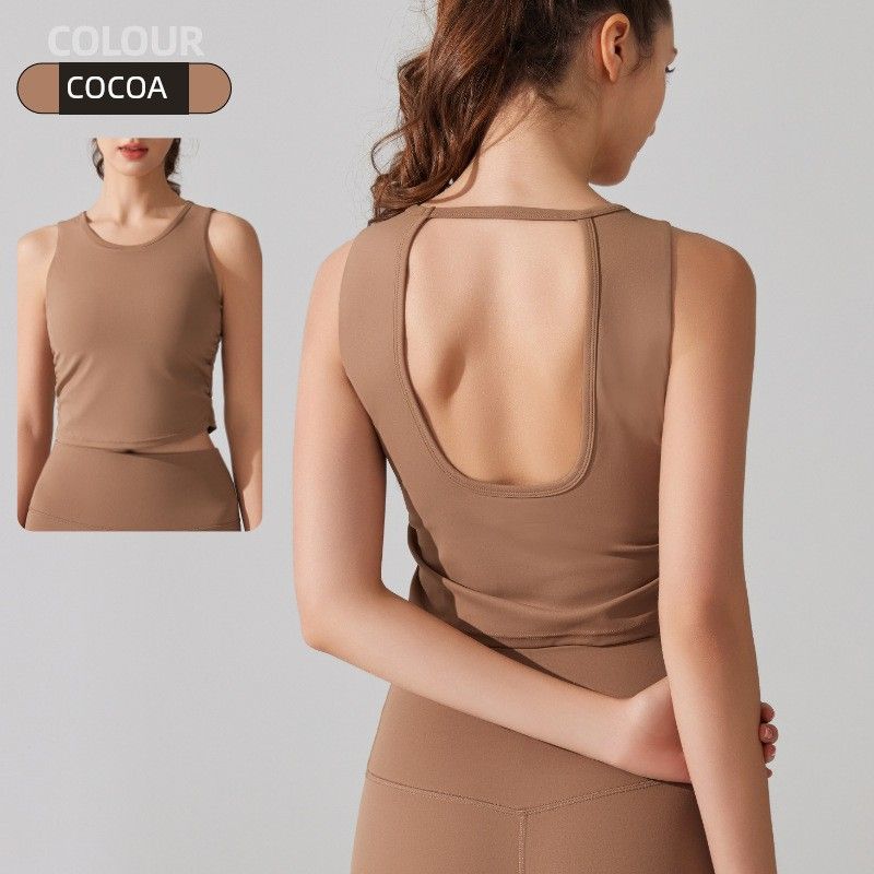 

Foreign Trade Sexy Backless Vest Women Spring/Summer With Chest Pad One-Piece Cup T-shirt Short sleeve Yoga Clothes Top Sports Underwear Cocoa color M