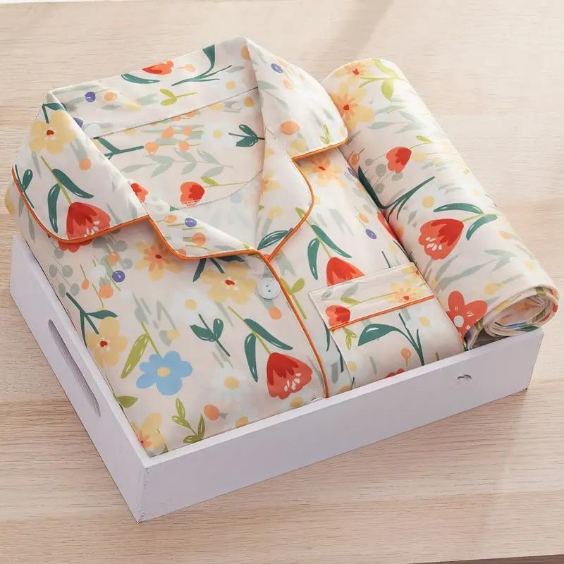 Damen Pyjama Set Druck Langarm Hose Studenten Süße Homewear Zweiteiler Cardigan Revers Mode Damen