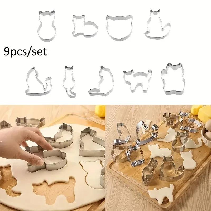 9pcs cat-themed mold,stainless steel animal biscuit cutting mold set,suitable for DIY baking,multi-functional kitchen tool