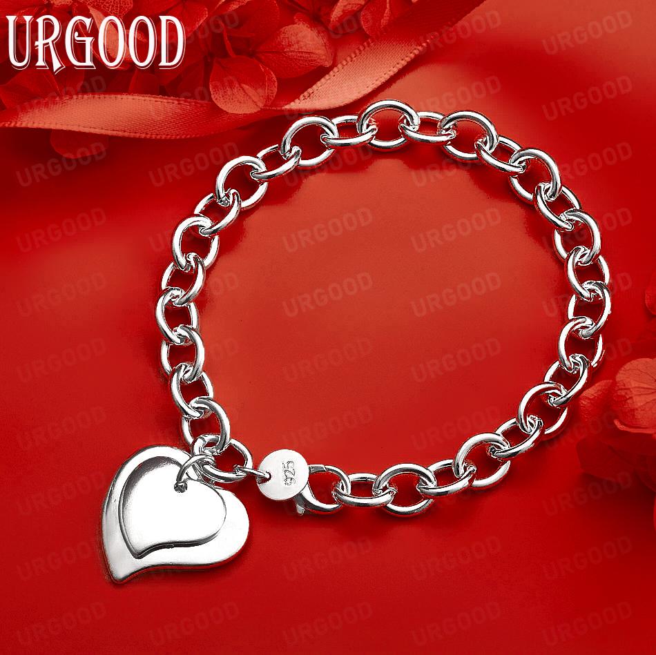 925 Sterling Silver Fashion Gift Double Heart Bracelet Wedding Jewelry 20CM
