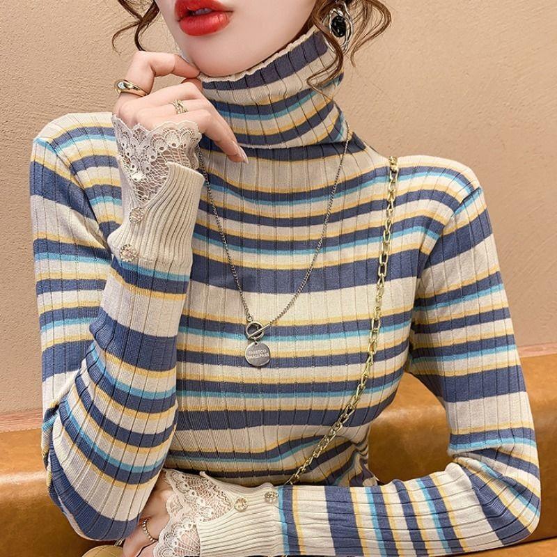Autumn and Winter High Collar Striped Sweater Knitted Bottom Shirt Women's Long Sleeve Unique Top