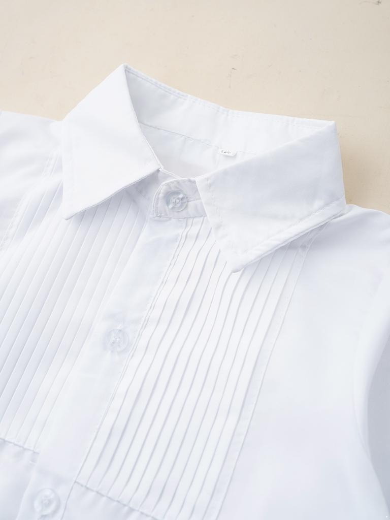 Girls Preppy Style Turndown Collar Bow Top Long or Short Sleeve Button Down with Elastic Waistband Overalls Skirt and Socks Outfit