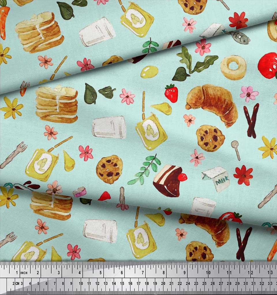 Soimoi Japan Crepe Satin Fabric Fruits,Bread & Donut Food Decor Fabric Printed metre 42 Inch