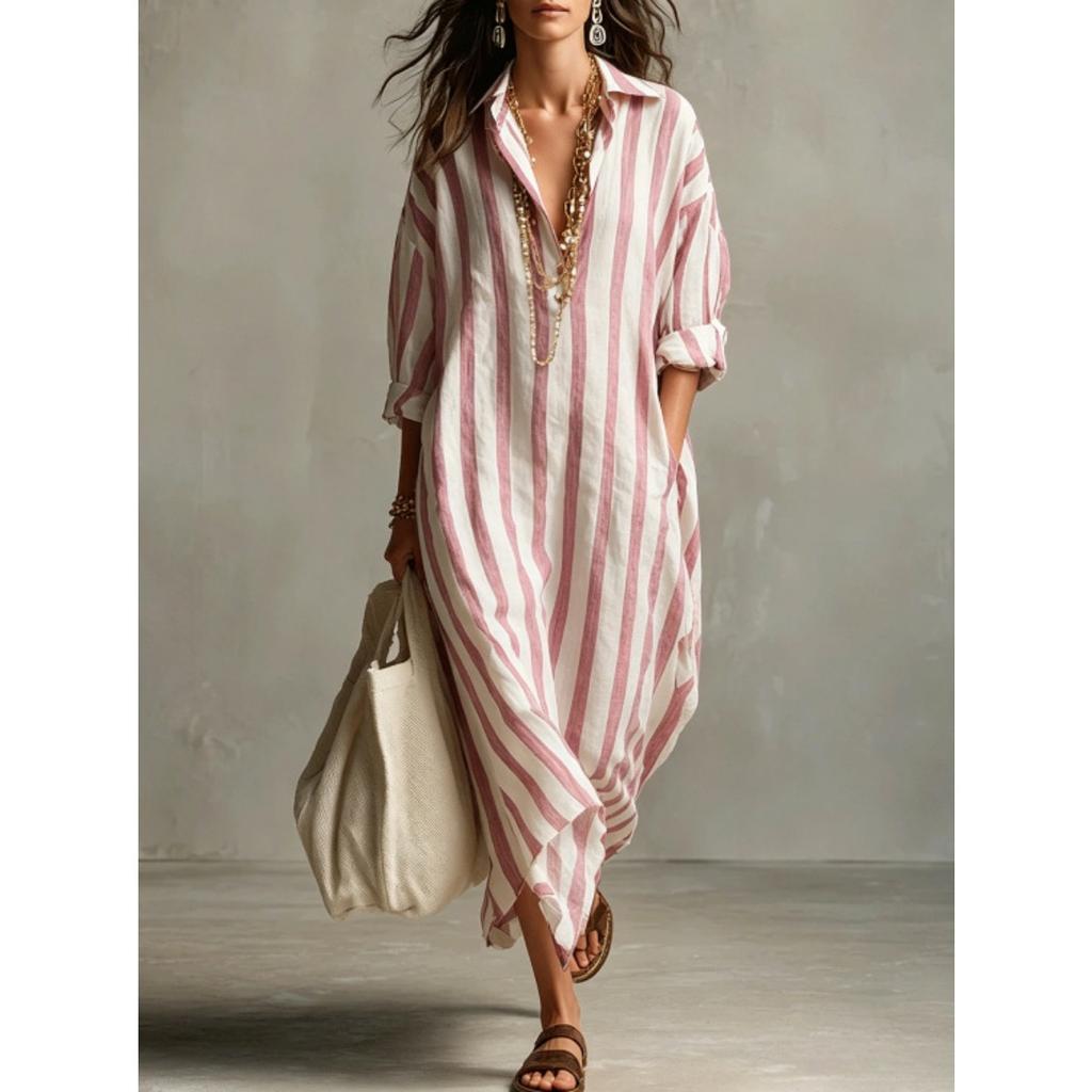 Spring Summer Women's Loose V-Neck Long Striped Printed Shirt Dress, Fashion Casual European American Style Casual Dress