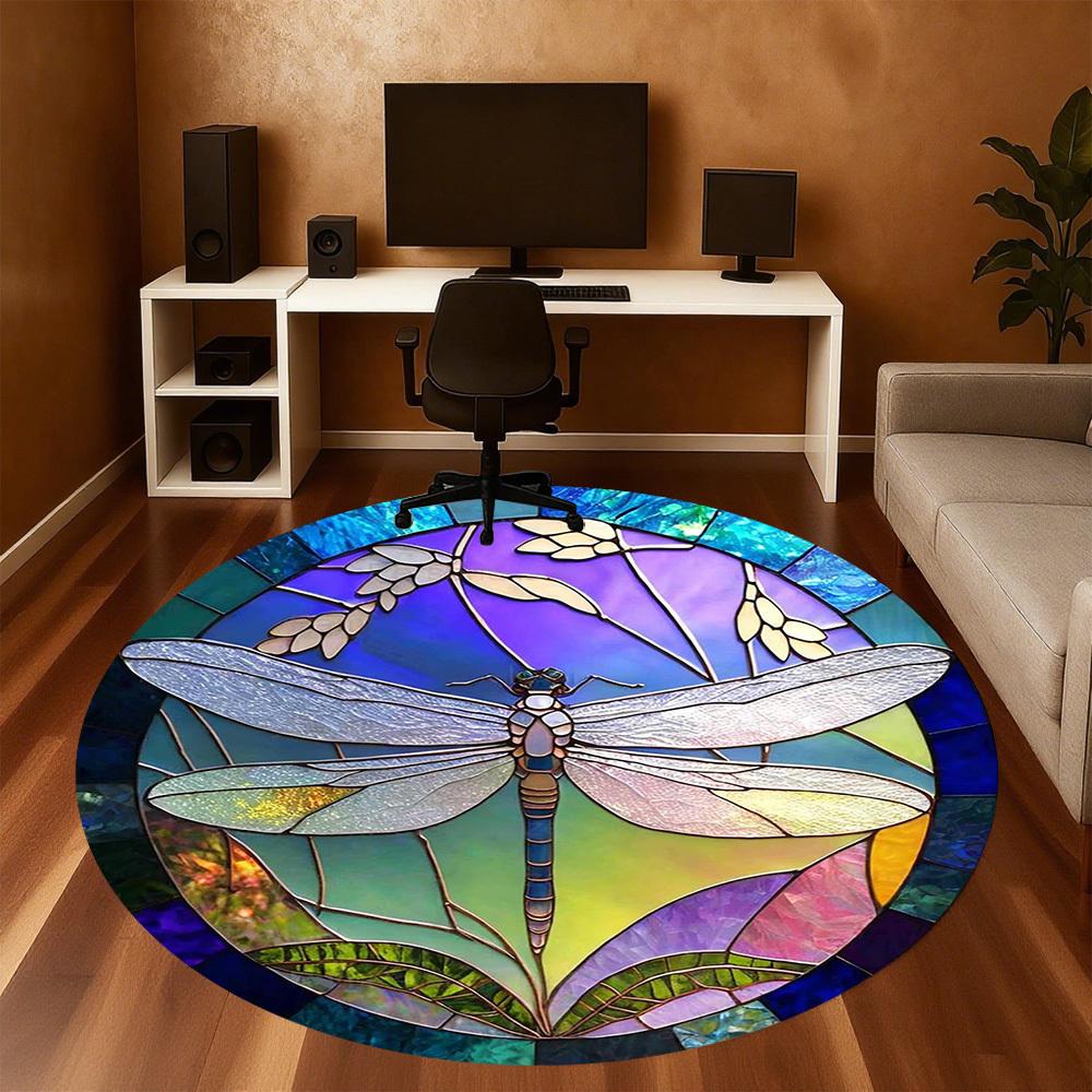 1pc Dragonfly Stained Glass Round Chair mat office Area Rug - Non-Slip, Floor Mat for Office, Bedroom, Ideal home decor gift c0112035